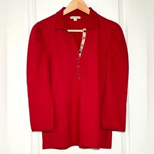 Burberry Brit Red Puff sleeves Polo Shirt Nova Check Sz L Y2K Coquette Old Money